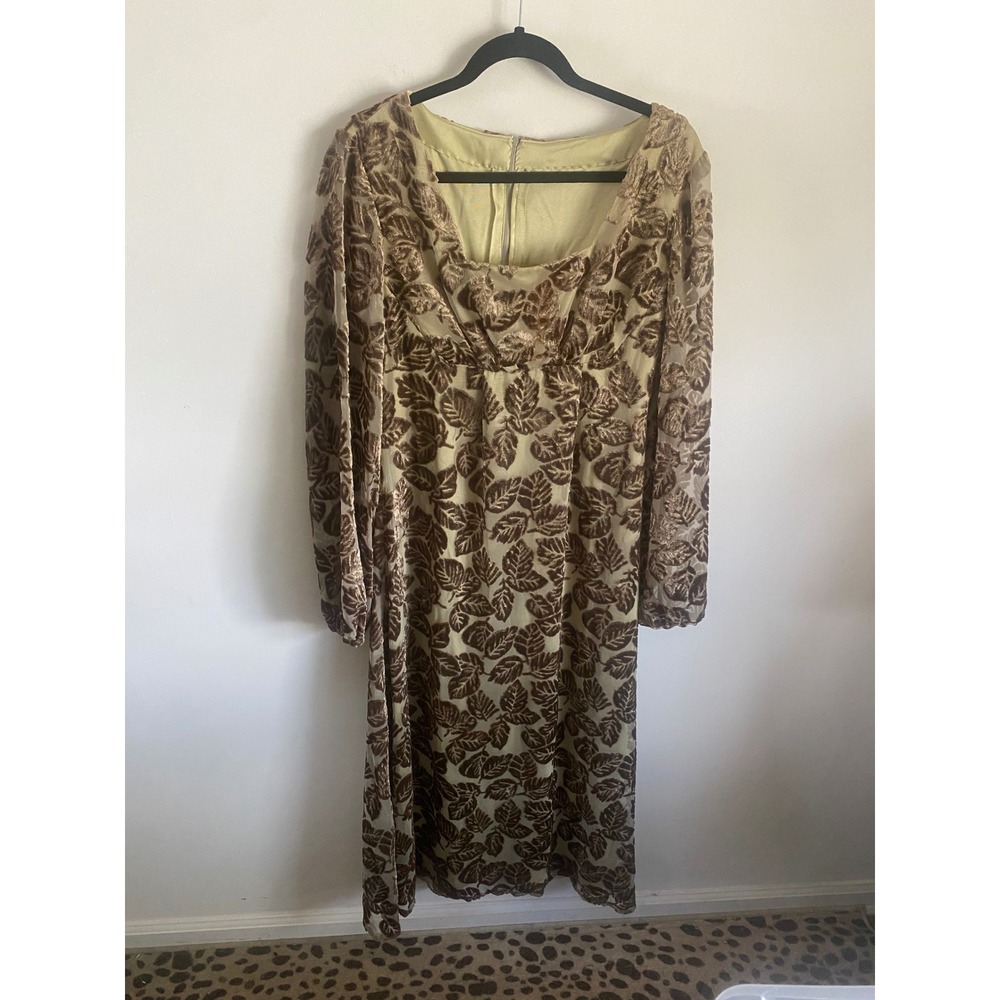 Vintage Bronze Burnout Velvet Leaf Empire Waist Midi Dress Long Sleeve Brown